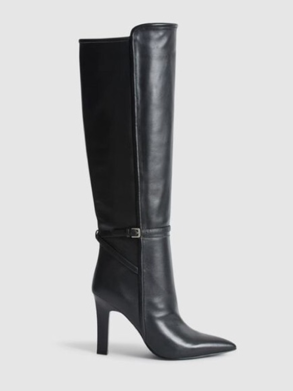 REISS Caitlin Black Leather Knee High stiletto Heeled Boots point toe SZ 8